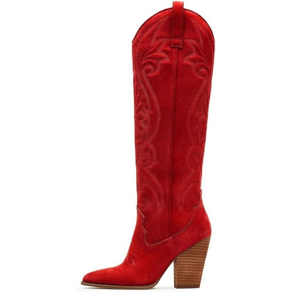 Women's Embroidered Wide Calf Chunky Knee High Heels Western Red Boots - Picture 1 of 7